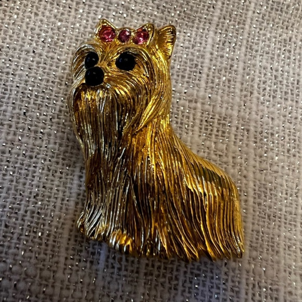 Joan Rivers Gold and Pink Brooch Yorkie Dog Brooch Yorkshire Terrier Maltese